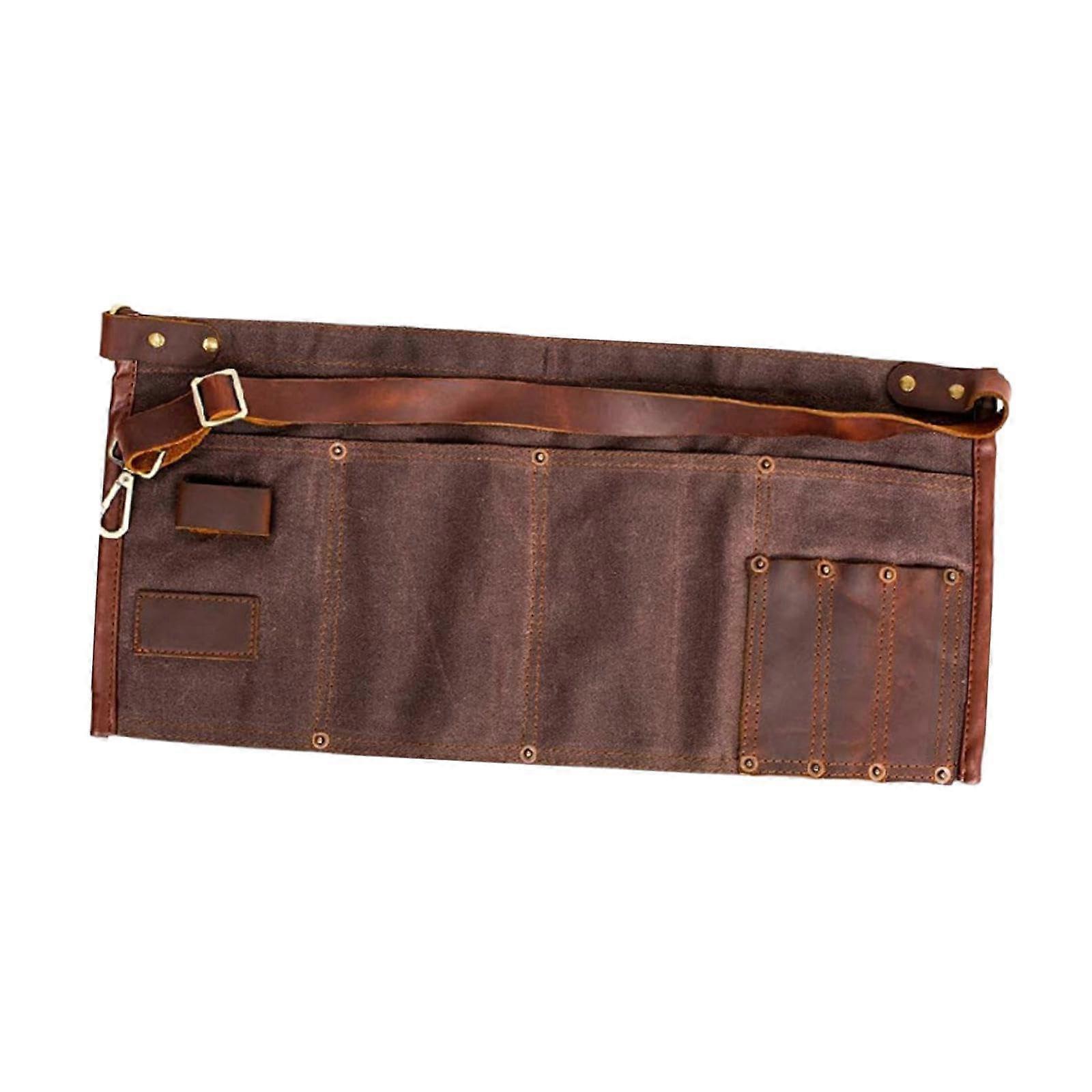 Waxed Canvas Tool Waist Apron with Adjustable Belt, Water Resistant, Brown, Ideal for Construction Workers and DIY Projects