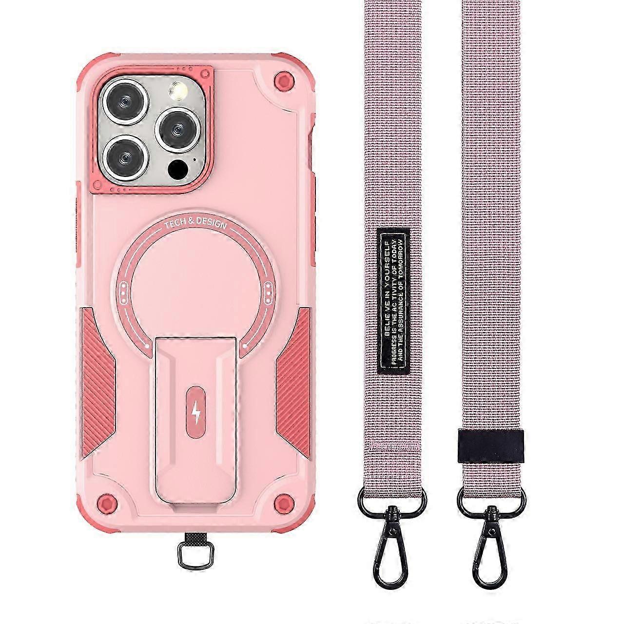 For Iphone 16 Pro Case Compatible With Magsafe Tpu+pc Kickstand Phone Cover With Strap - Pink
