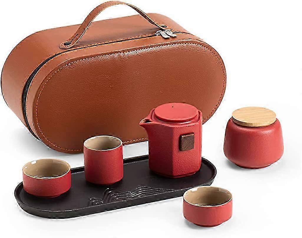 Conjunto de Chá Chinês Kung Fu Portátil com Xícaras de Chá Bule Folha de Chá & Sacola (Vermelho)