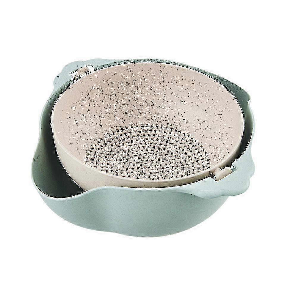 Double-Layer Rotating Rice Sieve Kitchen Drain Basket (Blue, 24.5x23.5cm)