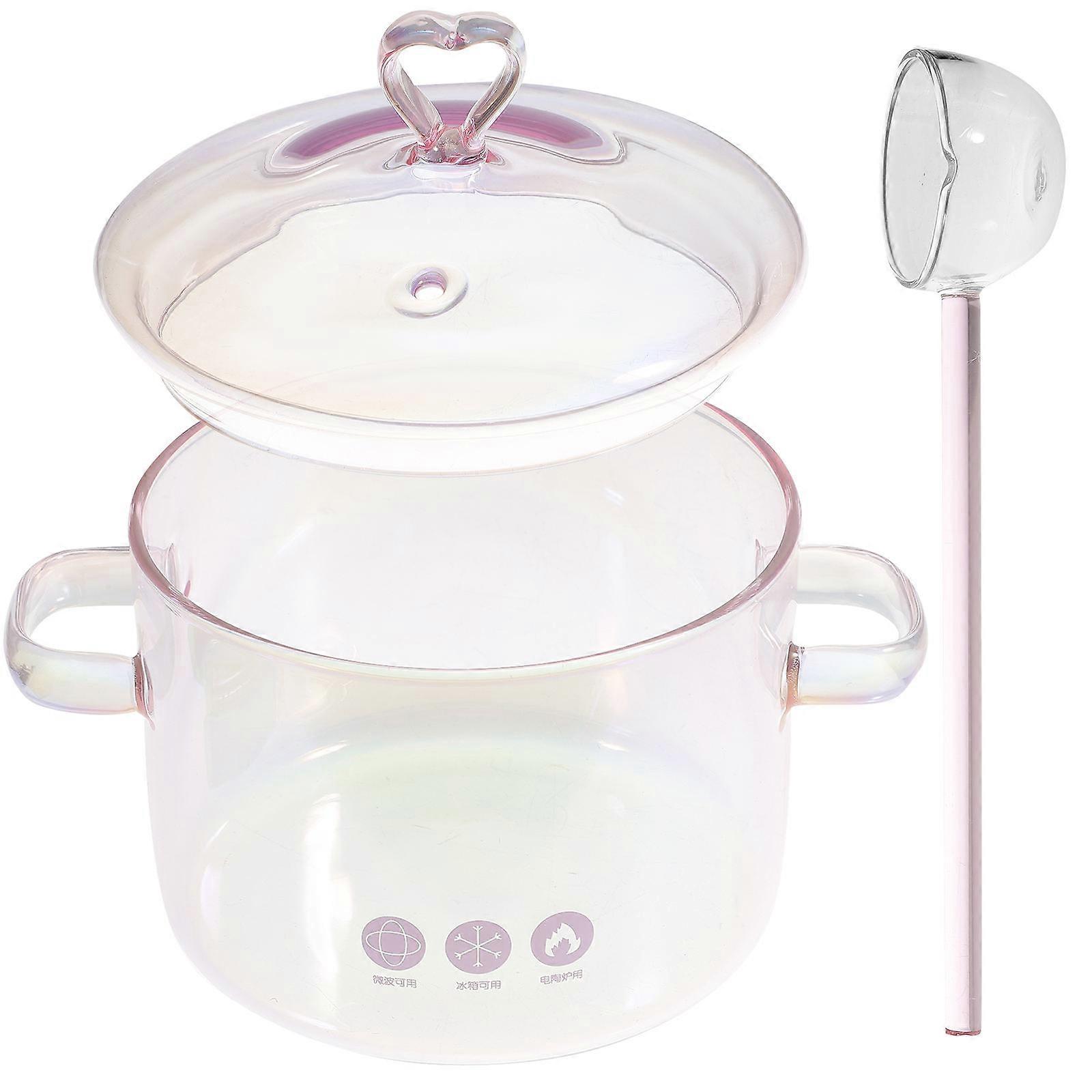 Clear Glass Soup Pot with Handles and Spoon, Heat Resistant Stew Pot for Ramen, Noodles, and Simmering, Large Saucepan for Family Meals