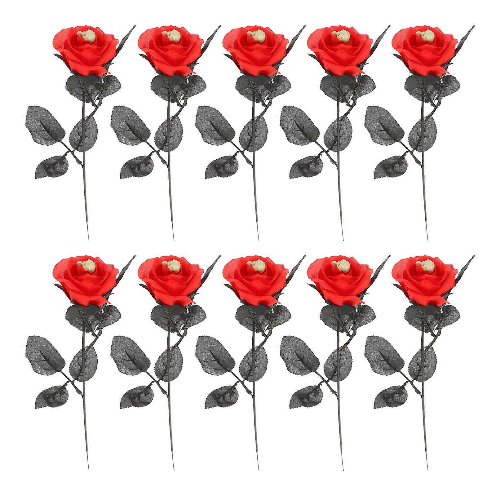 Rose Prop for Halloween Artificial Skull Rose Decoration for Party Organizers Red Polyester 10Pcs