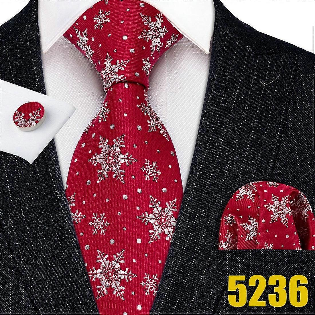 Barry Wang Men Tie Hankerchief Cufflinks Set Red Snowflake Cartoon Pattern Christmas Atmosphere Tie