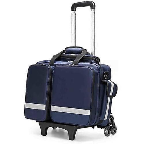 Portable first aid wheeled bag with internal compartments, waterproof trauma medicine trolley for outdoor emergency response, blue
