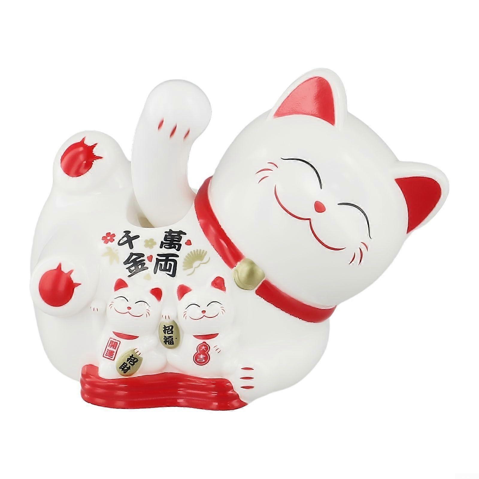 Solar Powered Automatic Waving Lucky Cat Decoration White Color for Wealth and Luck Home Office Tabletop Decor