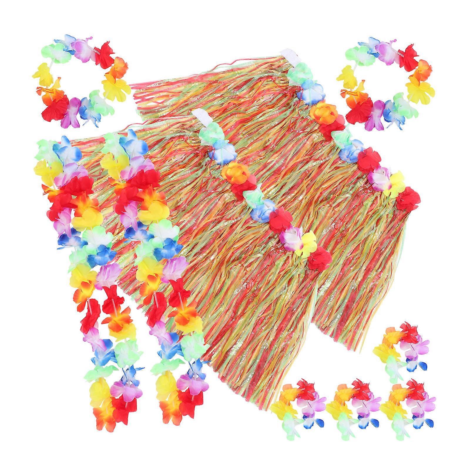 Hawaiian Luau Grass Skirt Set with Flower Leis, Headbands, and Bracelets – Lightweight Costume Accessories for Beach, Summer, and Holiday Events