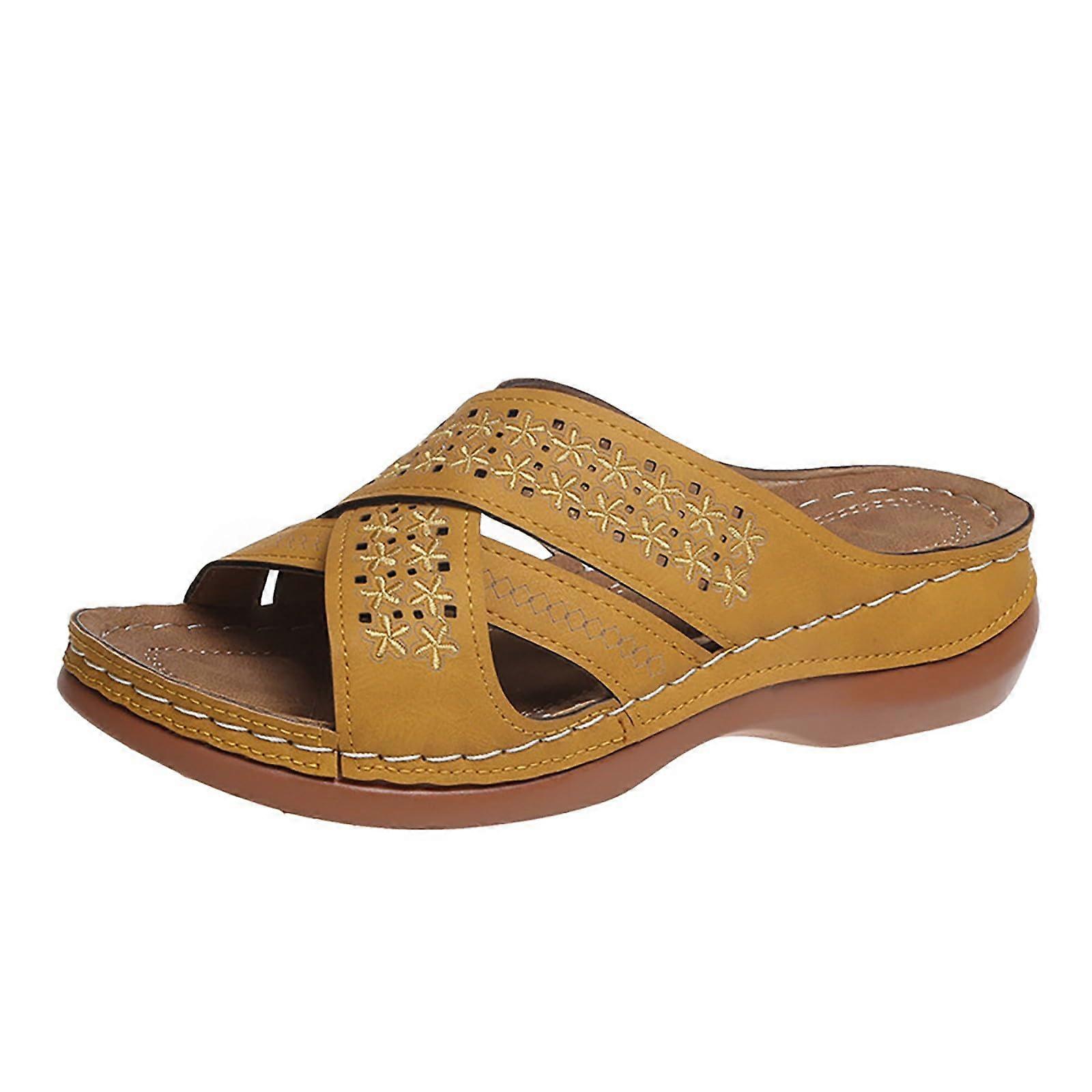 Thick Bottom Open Toe High Heel Women Shoes, Korean Denim Fabric, Square Head Design, Size 38.5 EU, Yellow