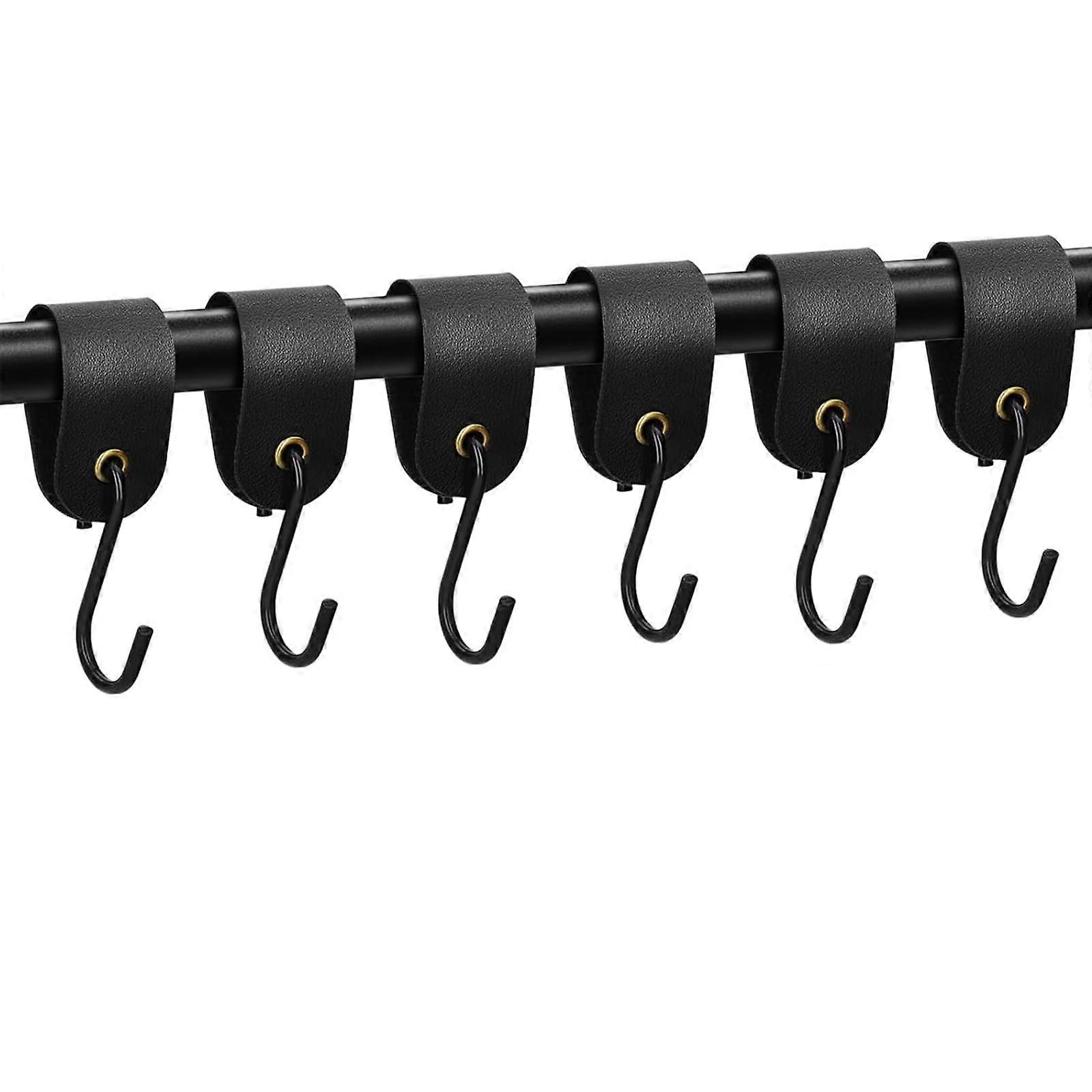 8 Pieces S Hooks Black with Leather Loop, Stainless Steel for Kitchen Bathroom Wardrobe