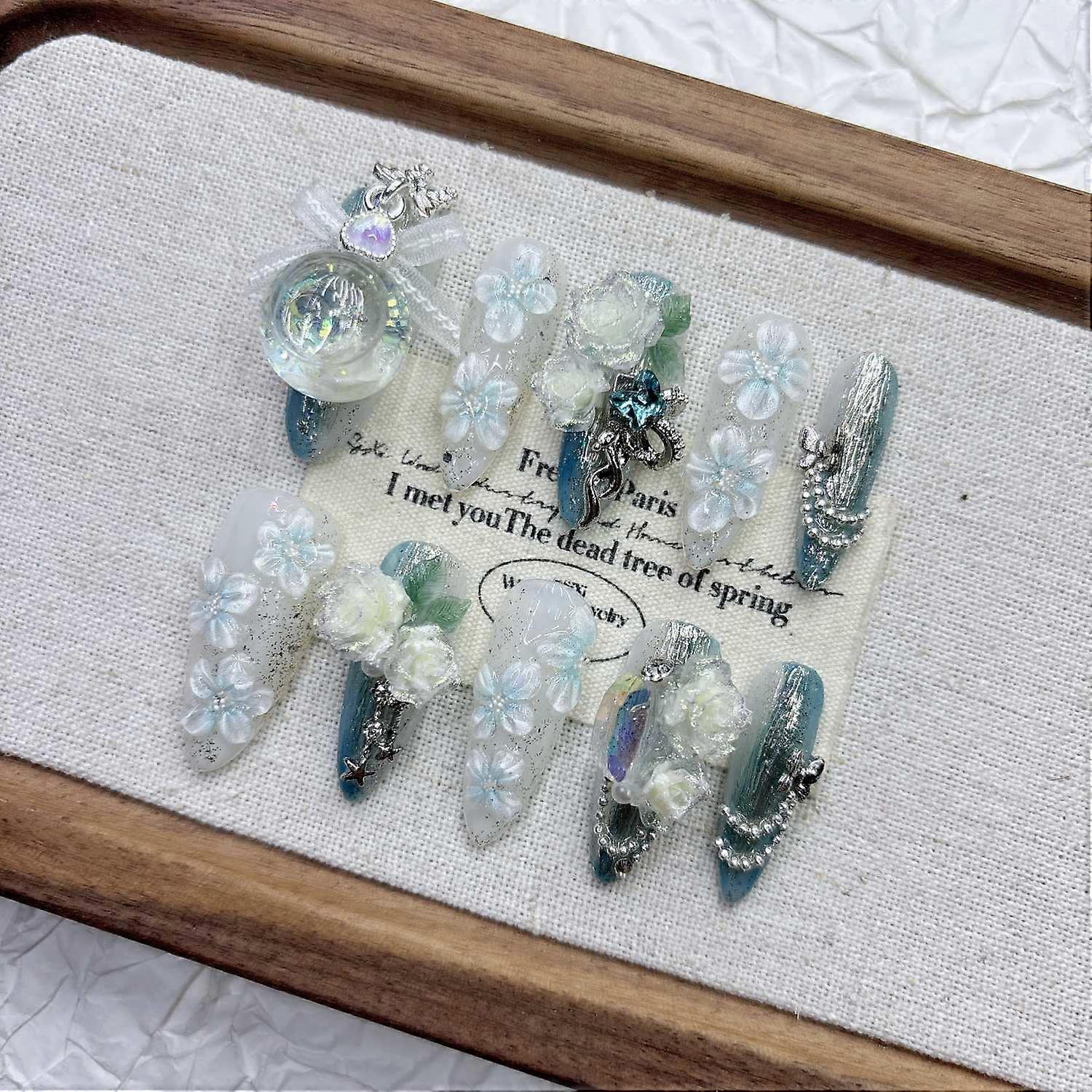 Blue Press on Nails Crystal Glass Floral Handmade Art