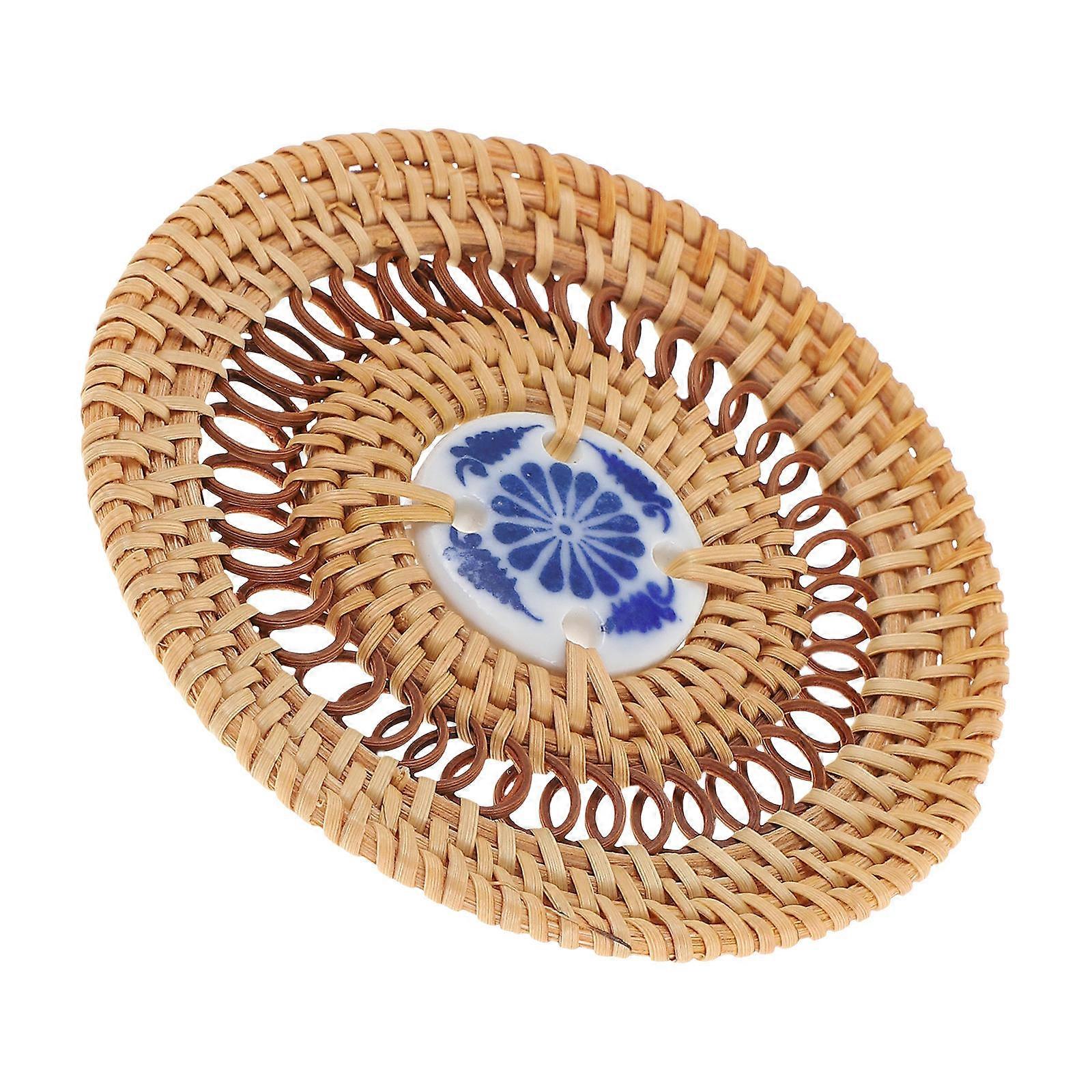 Rattan Hand Woven Coaster Set of 6 Ceramic Cushions for Heat Insulation and Table Protection