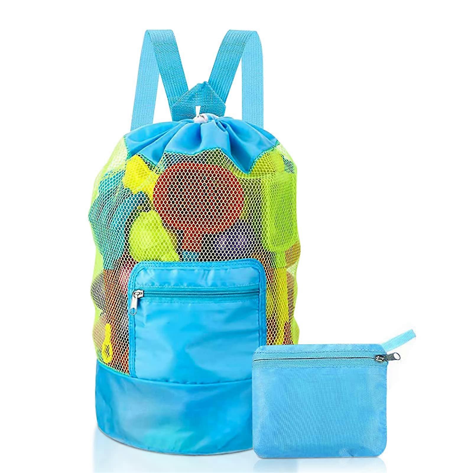 Beach Toy Mesh Bag with Large Storage, Foldable Water Toy Backpack for Kids and Family Holidays (Blue)