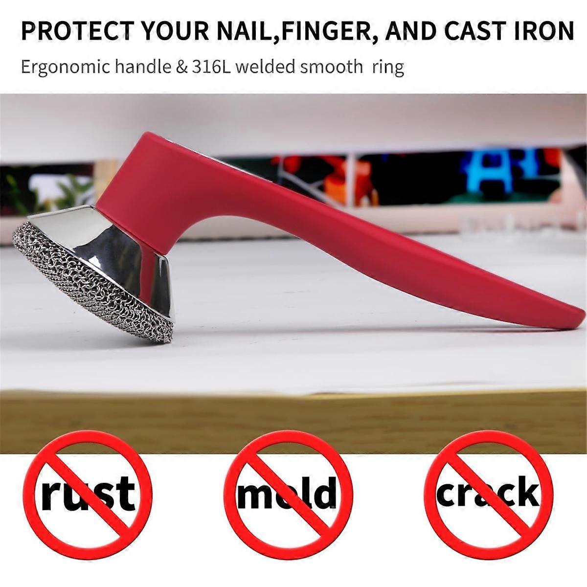 Cast Iron Scrubber with Good Grip Handle - Welded Fine Chain Mail Scrubber Cast Iron Brush - Metal Chainmail Scrubber