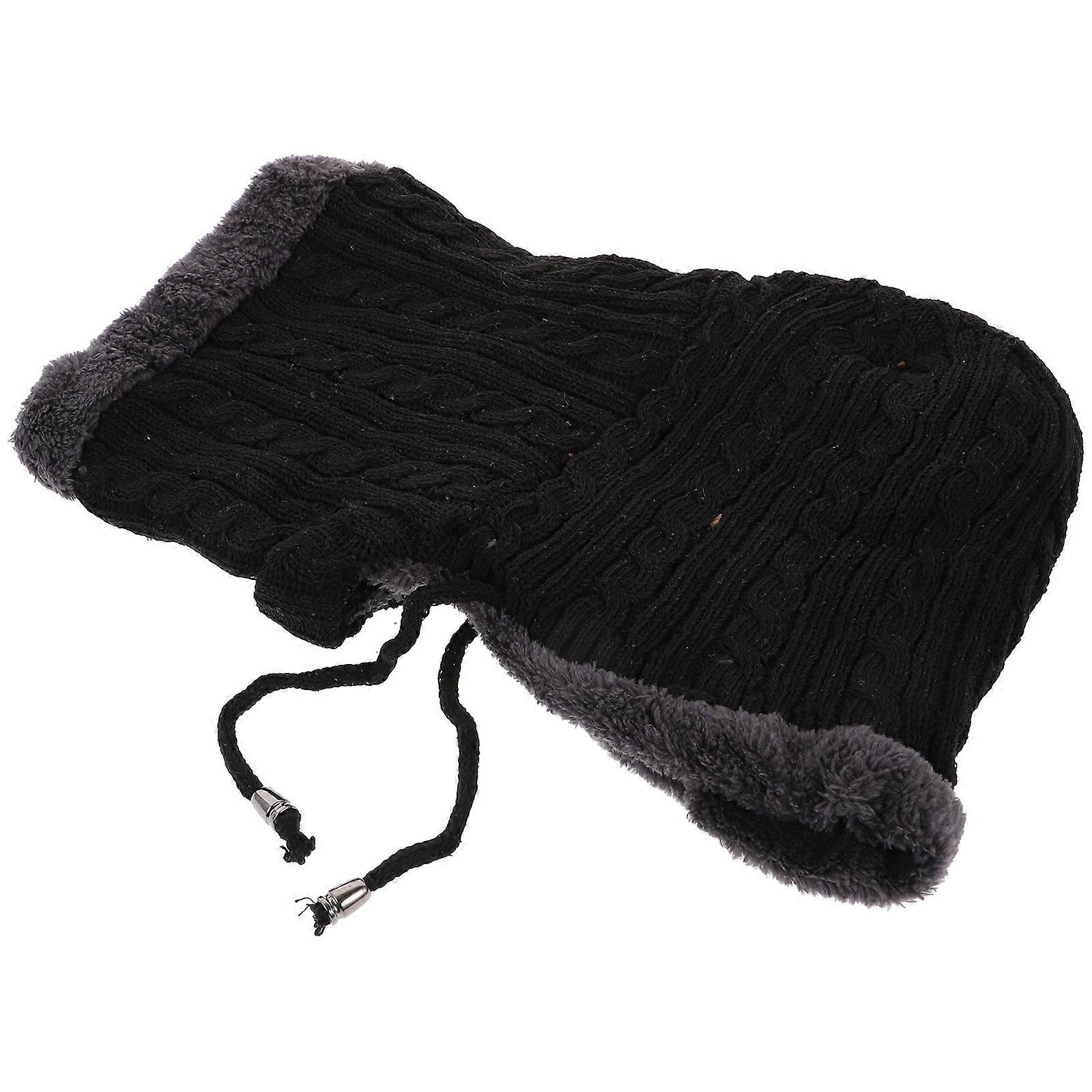 Unisex Winter Outdoor Cycling Ski Hooded Scarf Hat Portable Knitted Thickened Caps for Women Men 1 Set Black