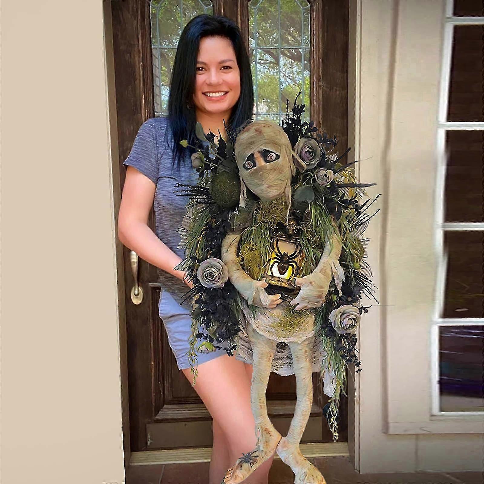 2023 New Halloween Mummy Wreath For Front Door Rose Spiders Lanterns Sign Wreath Porch Decor Wall Indoor Outdoor Decoration Gift