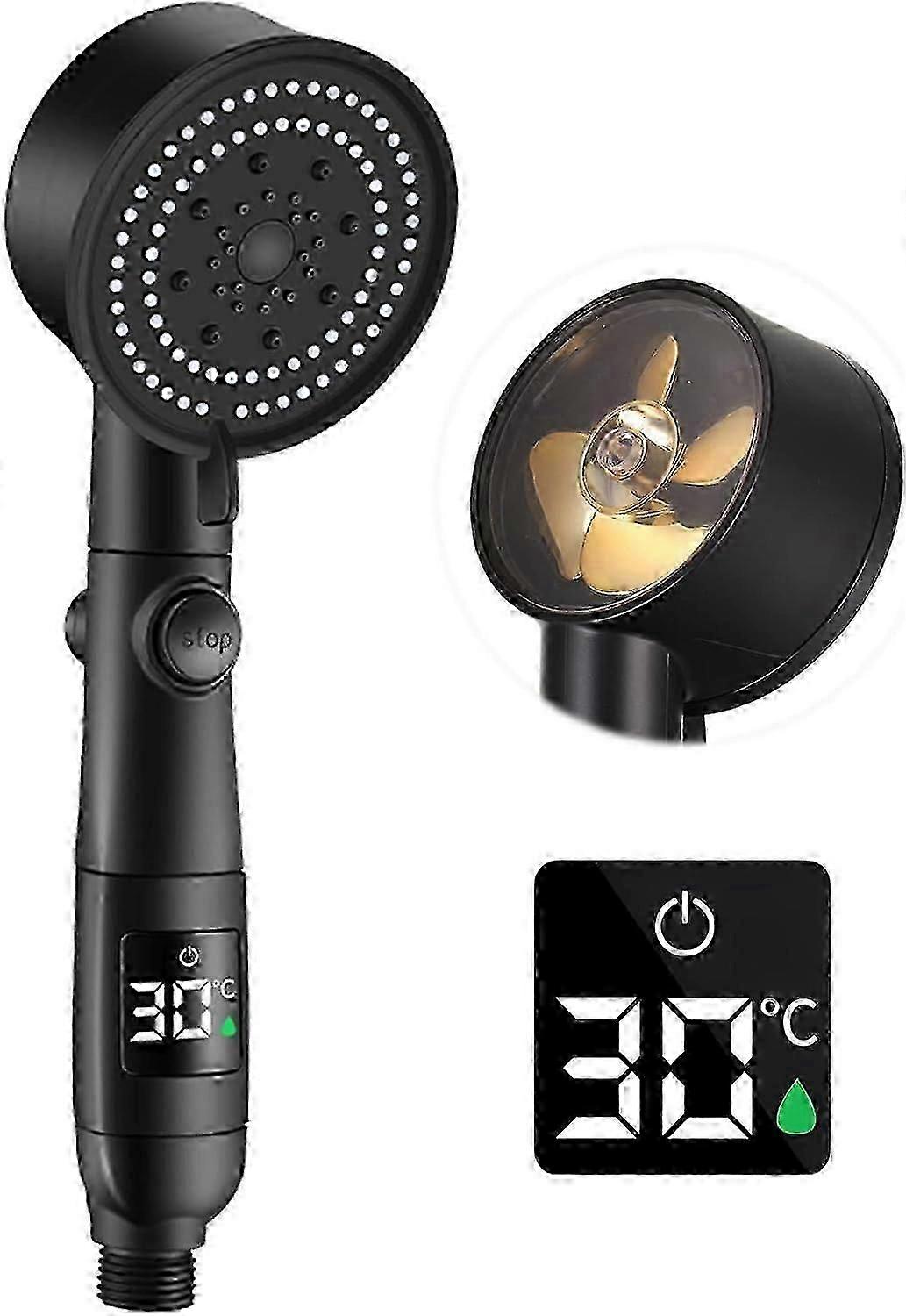 Shower Head High Pressure, Turbo Handheld Showerhead with Temperature LCD Display, 5 Modes Rain Power Shower Head with Stop Switch, Water Saving Press