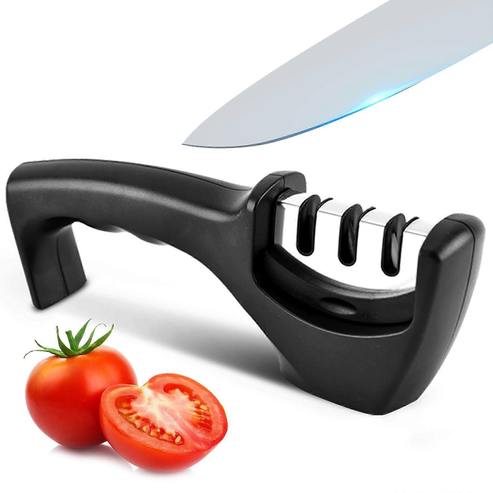 Knife Sharpening - Knife Sharpener - Professional 3 Stage Manual Sharpener for Kitchen Knives with Ergonomic Design - Black