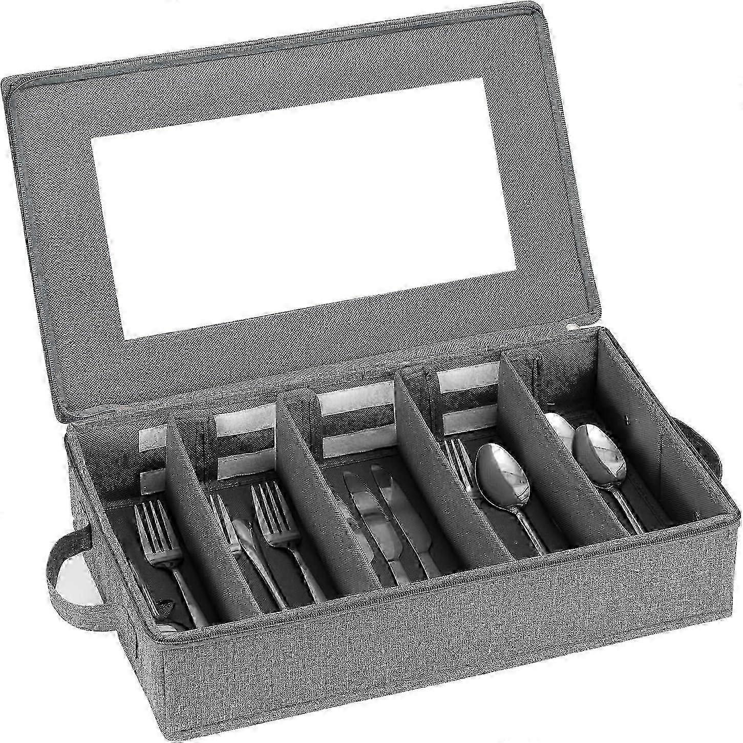 Flatware Utensil Storage Case, Silverware Storage Box Chest with Adjustable Dividers with Zipper LidLarge Capacity Gray