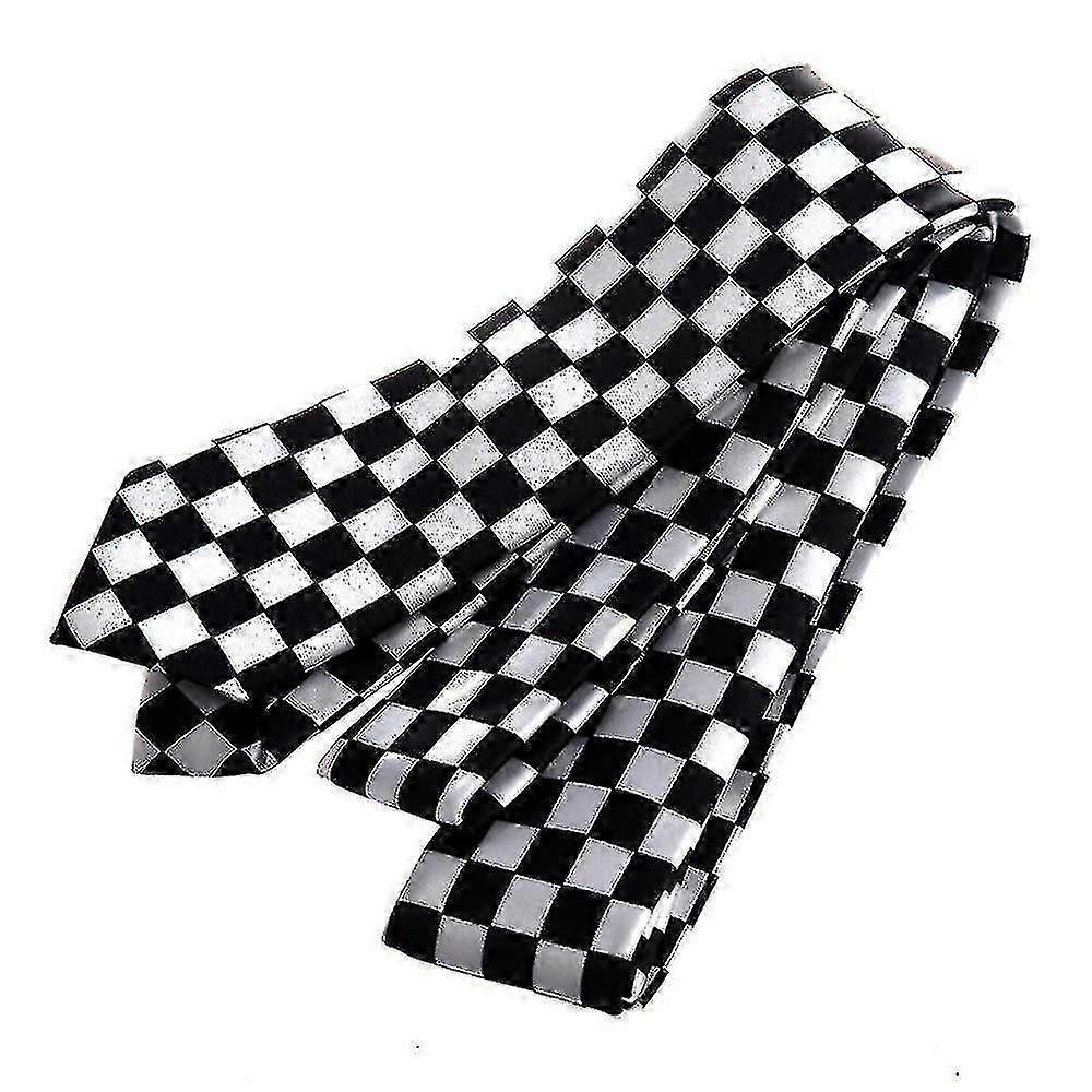 Men's Black White Checkered Pattern Formal Tie