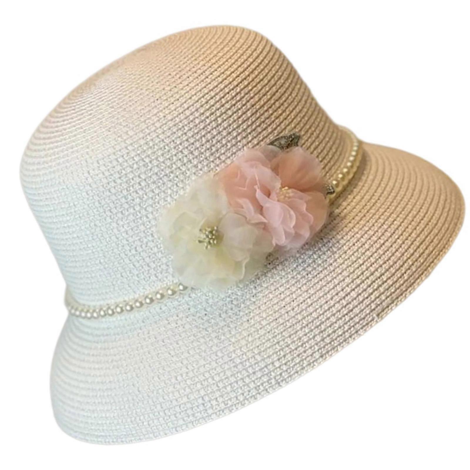 Çiçekli Batı Hasır Şapka El Dokuması Nefes Alabilir Güneş Şapkası İngiliz Şapka Zarif İnci Zincir Hasır Şapka Çiçek Beyaz ile