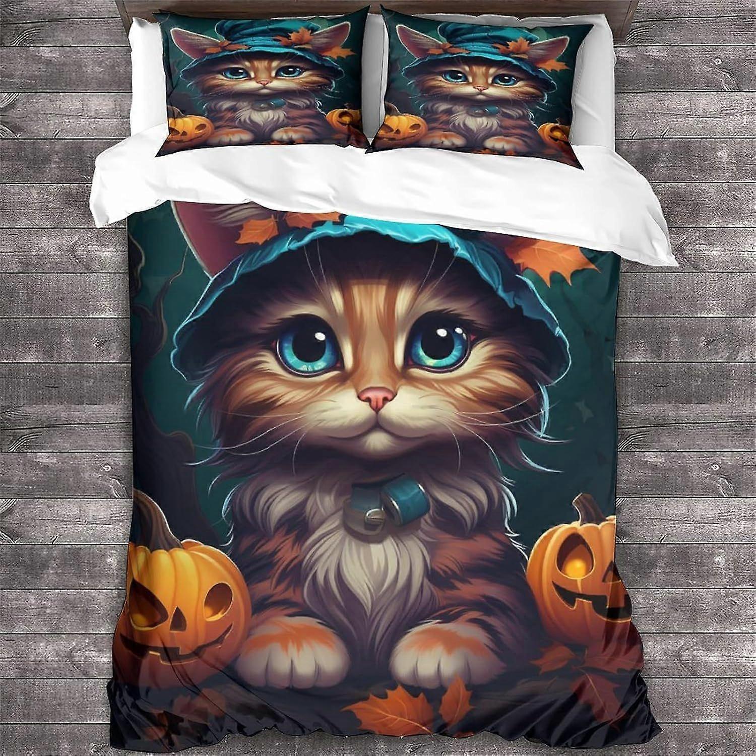 LikeEj Cat Roupa de Cama Set Halloween Colcha Capa Animal Tema Edredom Capa Microfibra Respirável Edredom Capa Dupla