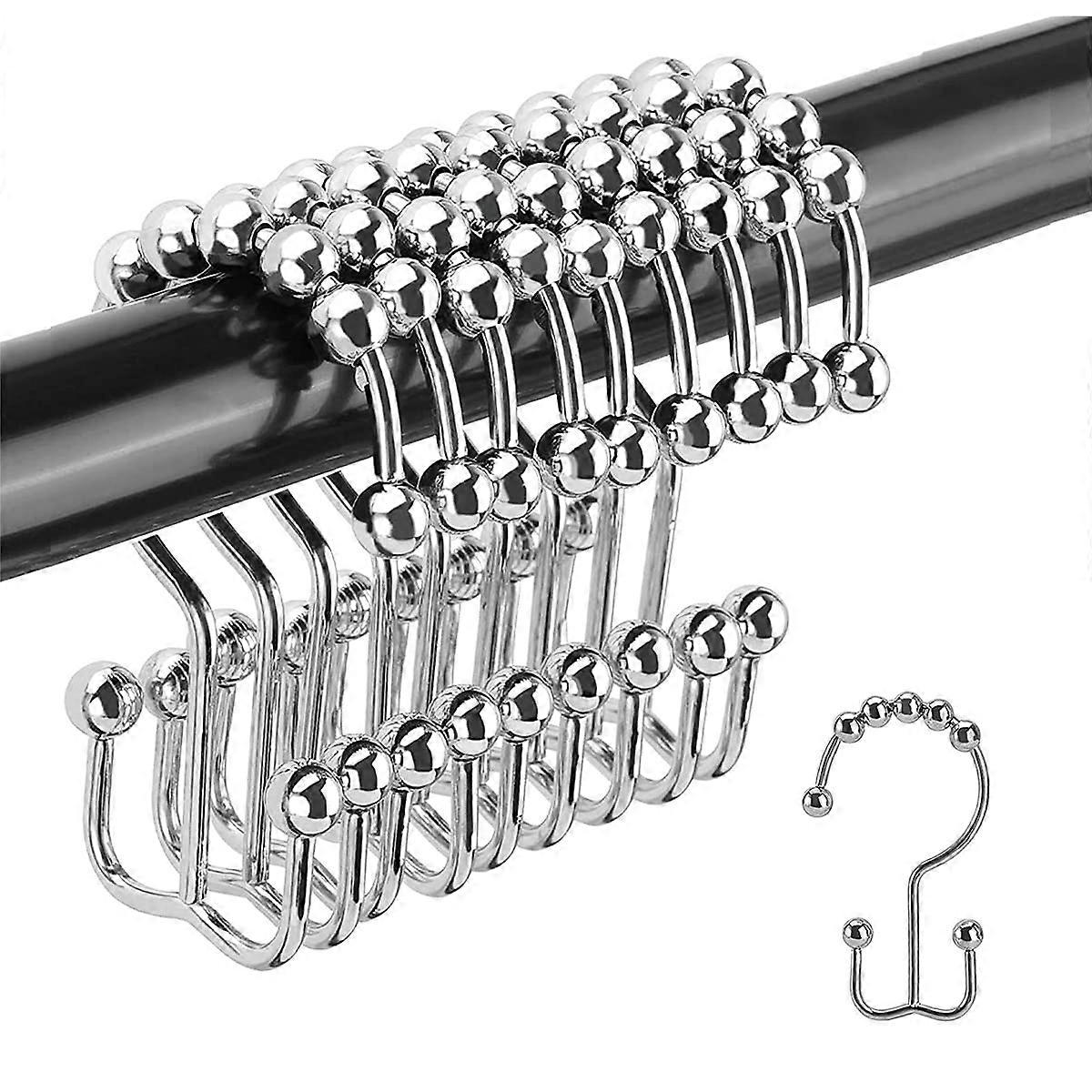 Shower Curtain Hooks with Double Glide Rollers, Stainless Steel Rings for Bathroom, Set of 18 Chrome