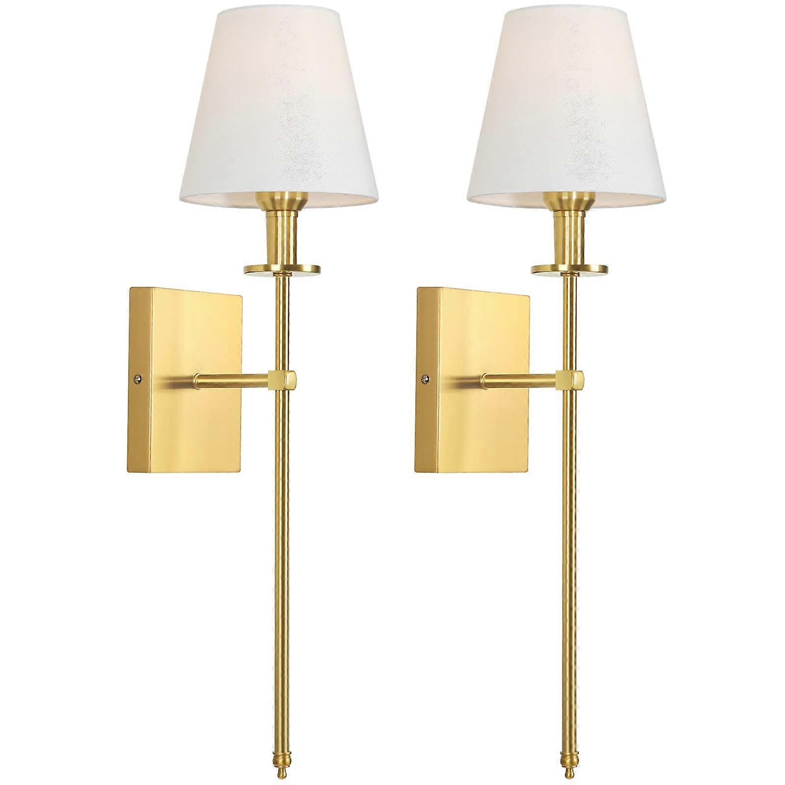 Set of 2 Gold Wall Sconces with White Fabric Shade, Plug In or Hardwired Vintage Lamp for Bedroom