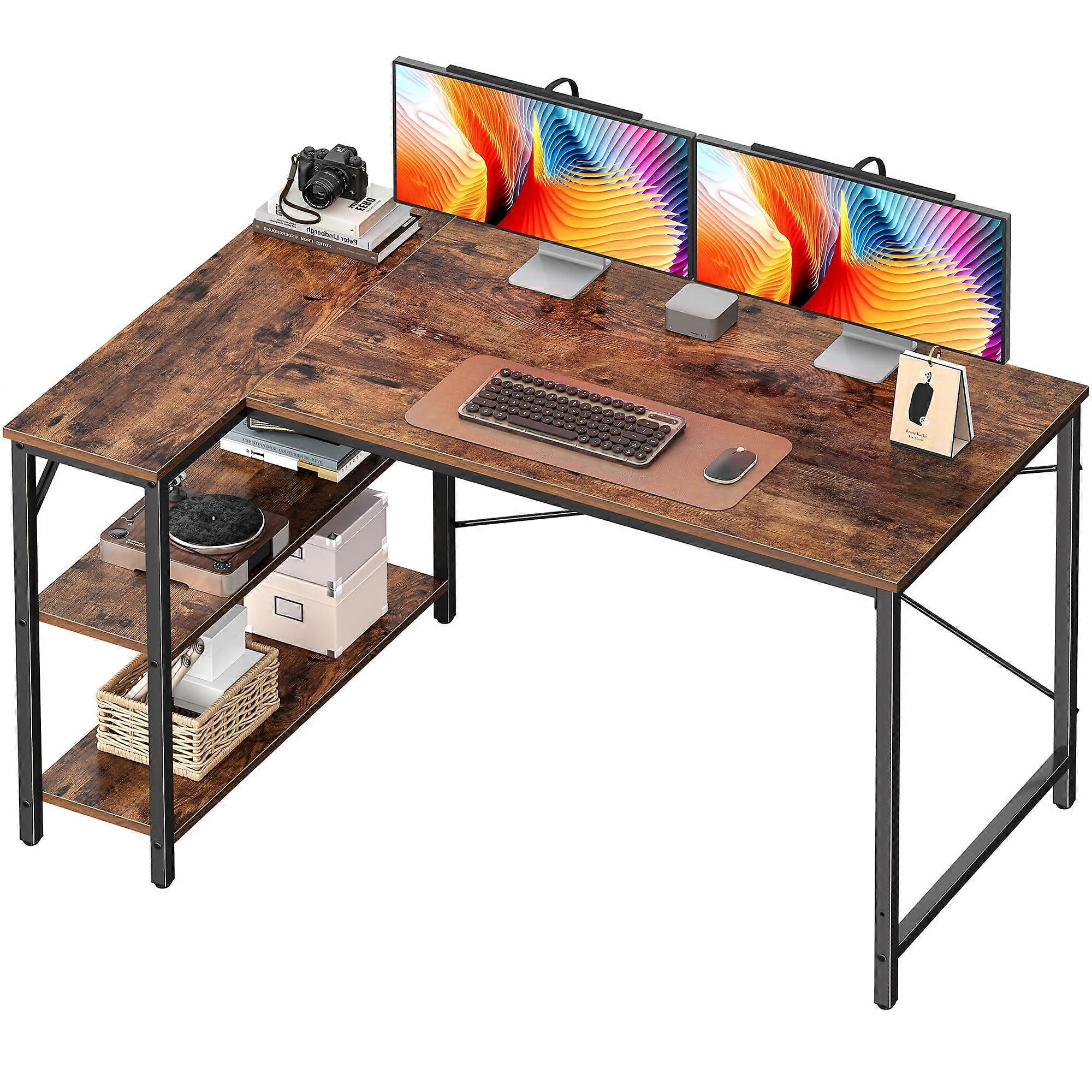 Rustic Brown 47 Inch L Shaped Computer Desk with Reversible Storage Shelves for Home Office