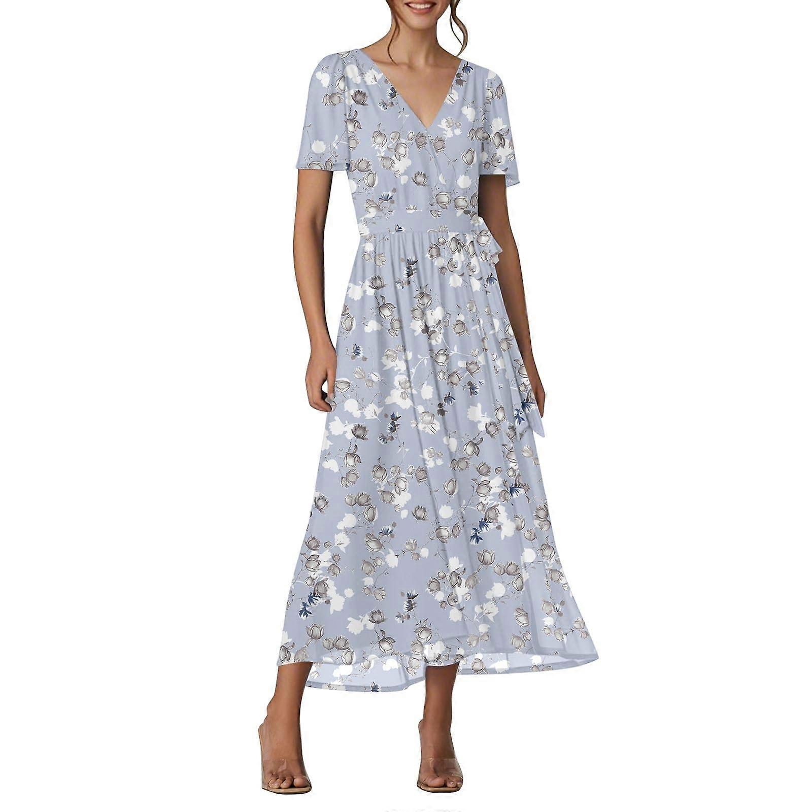 sachin and babi light blue dress Long Flowy Floral Dresses for Women Short Sleeve V Neck Chiffon Maxi Dress  Beach Vacation Dresses Boho Summer Dress Green M