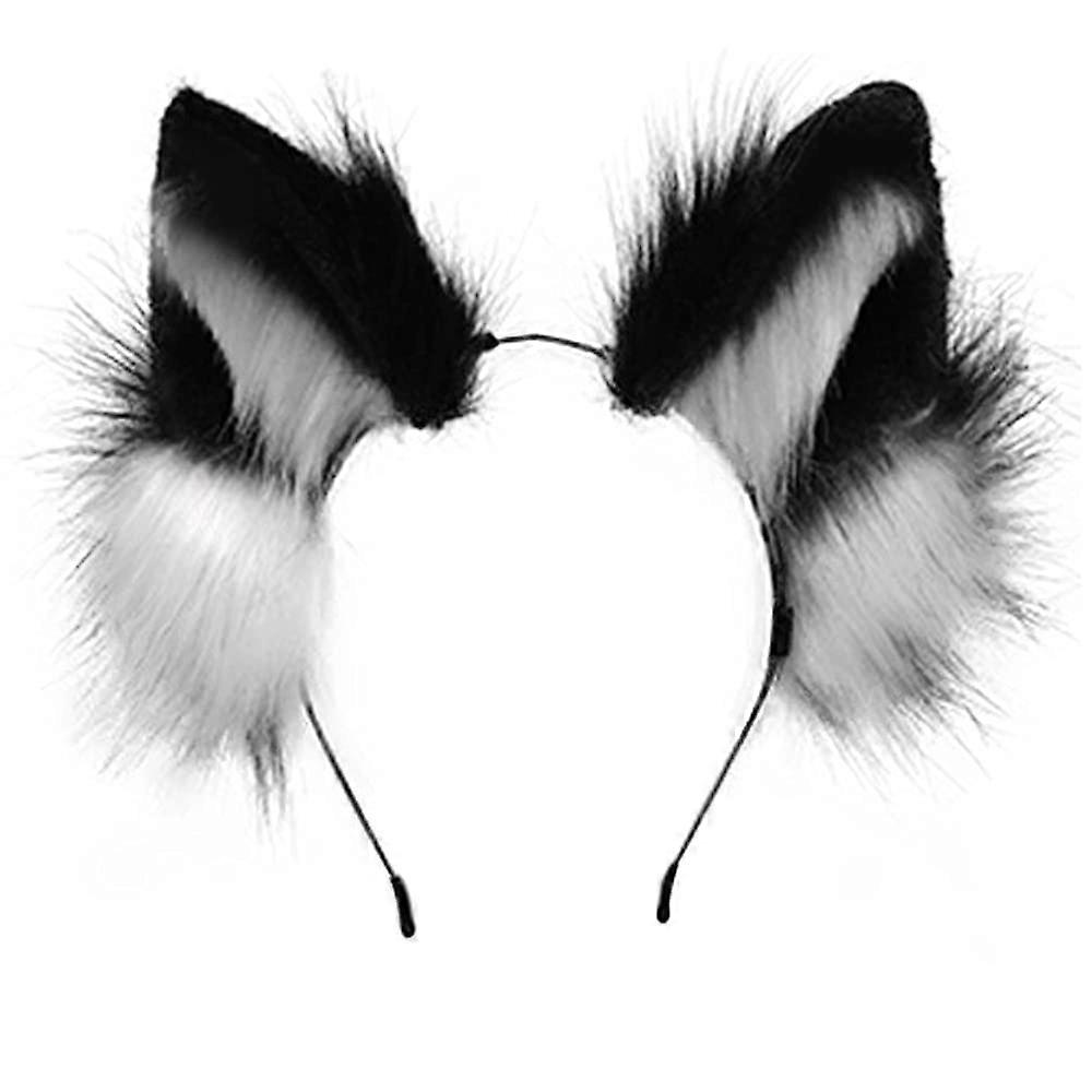 Cat Ears Headband with Bendable Wire, Plush Black and White Wolf Ears Cosplay Accessory