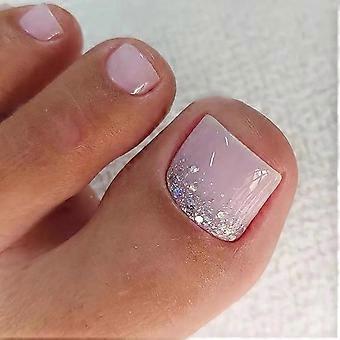 24 Pcs Short Square Press On Toenails Glitter Fake Acrylic Reusable Instant Pedicure for Women