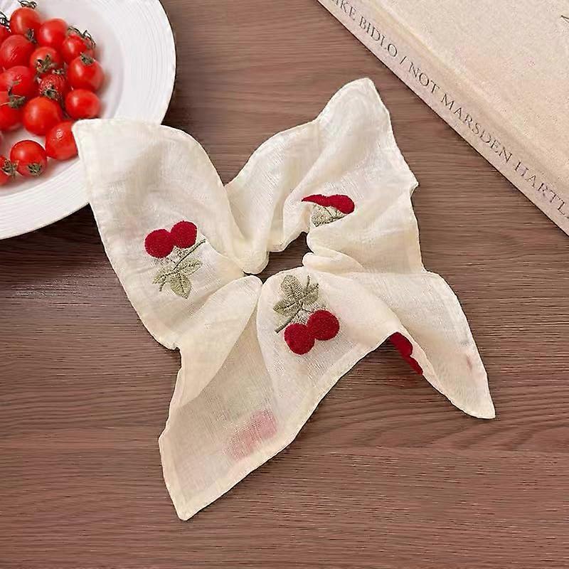 Embroidered Cherry Hair Scrunchie Square Satin HandStitched Sparkle Gold Thread Snag