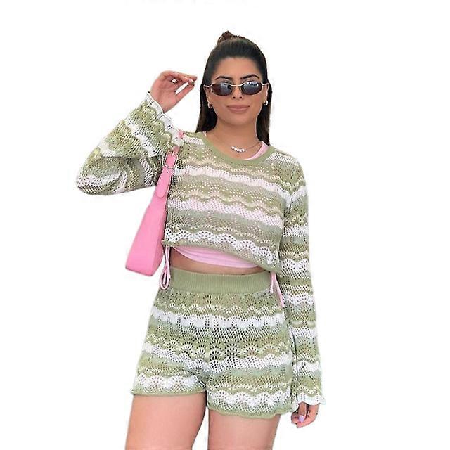 Women's Openwork Strip Knitted Shorts Set