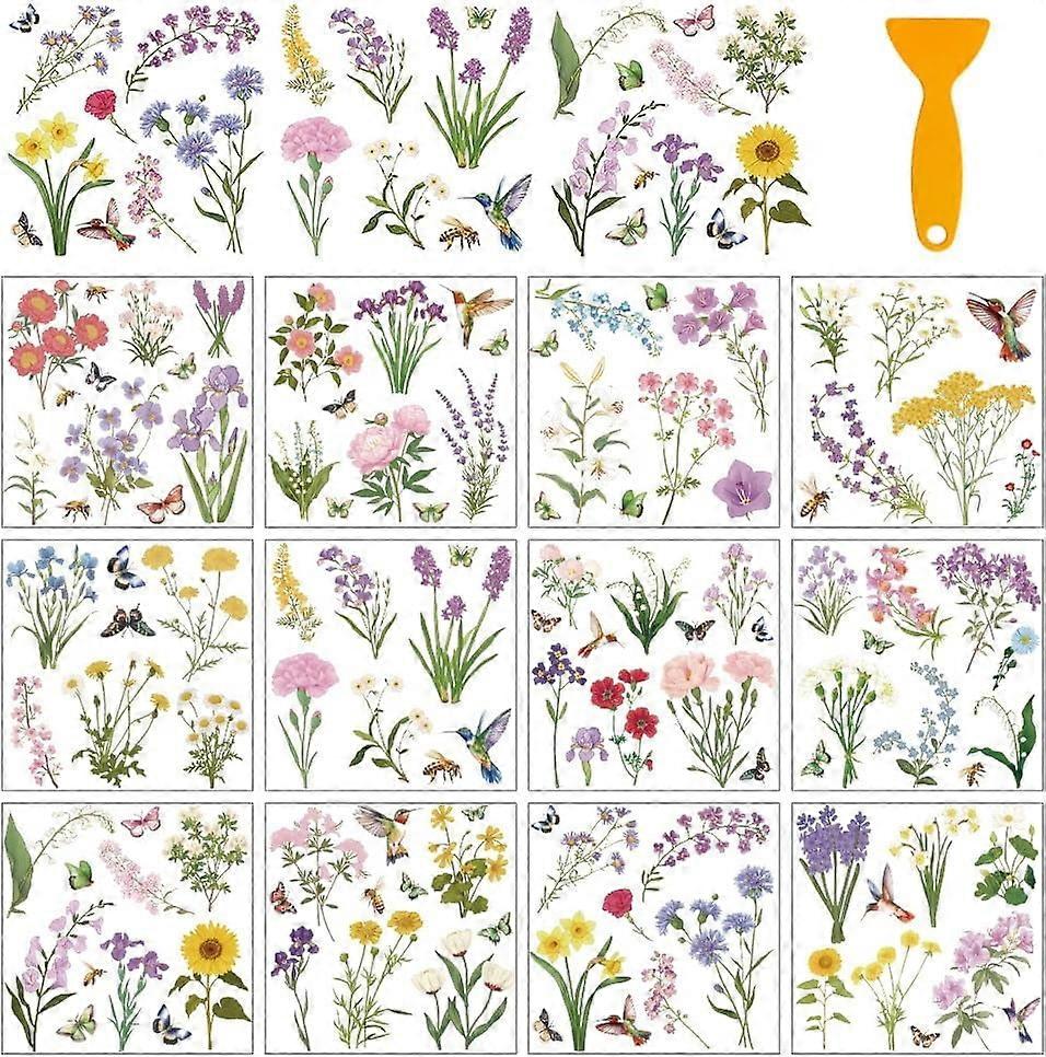 Lot de 12 transferts à frotter sur le thème des fleurs sauvages, aquarelle avec papillons, oiseaux et fleurs, 14 x 14 cm, pour la maison, l'école, les loisirs créatifs et la décoration sur bois, verre et porcelaine.