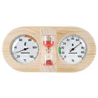 Termômetro e higrômetro para sauna com ampulheta de 15 minutos, moldura de madeira de pinho e lente de vidro, compatível com medições precisas de calor e umidade.