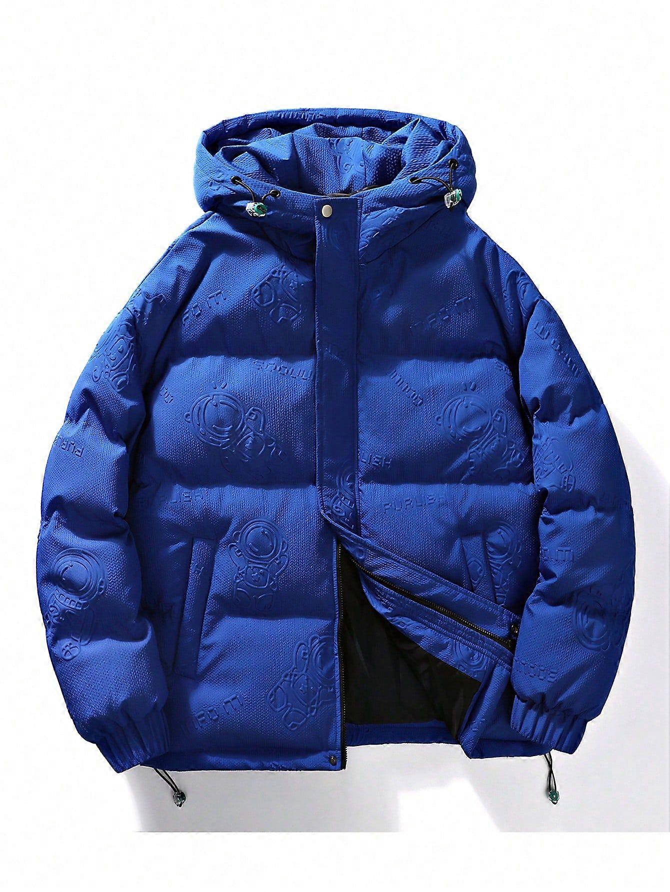 Menn Letter preget Drawstring Hem Hooded Puffer Coat