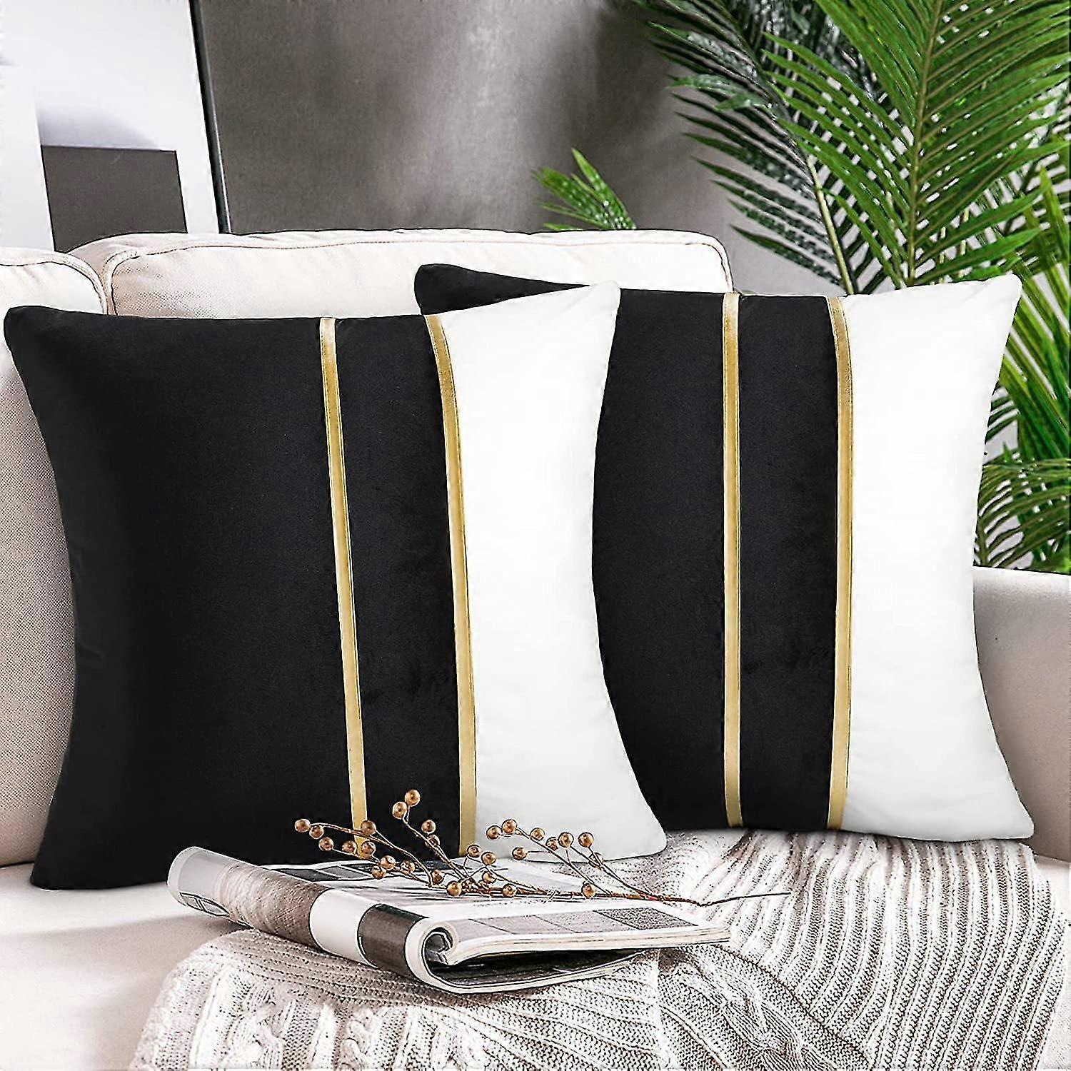 2 Pack Cojín Funda Sofá Negro Patchwork Rayas Cuadradas