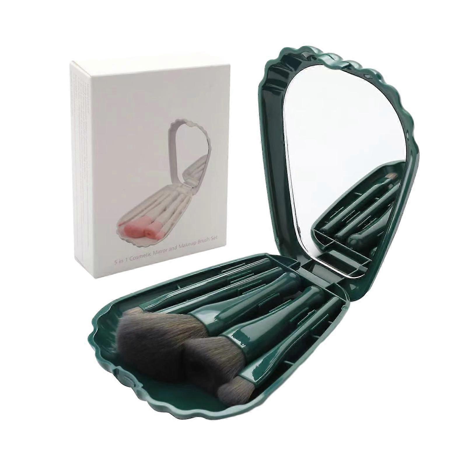 5pcs Soft Complete With Mirror Makeup Brush Shell Shape Storage Case Portable