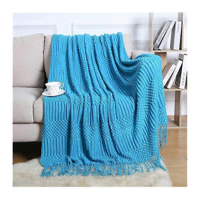 Textured Throw Blanket Solid Soft For Sofa Couch Decorative Knitted Blanket, Peacock Blue