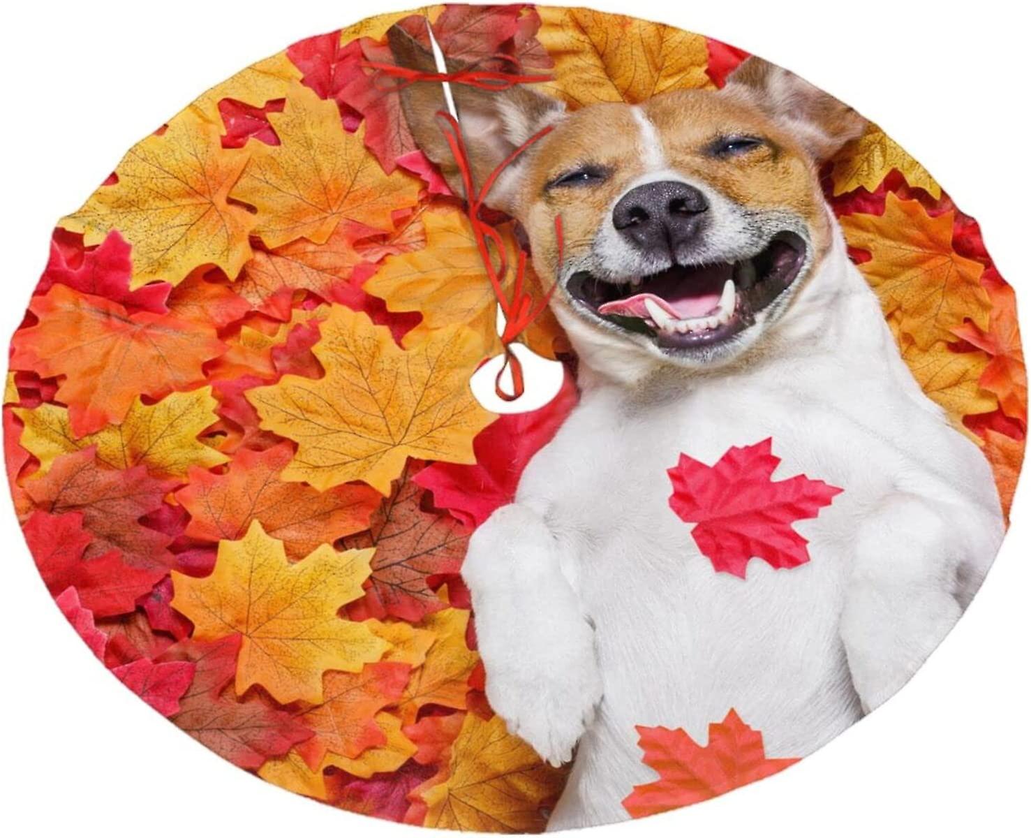Christmas Tree Skirt Dog Fall Maple Leaves Christmas Decoration Plush Tree Skirt