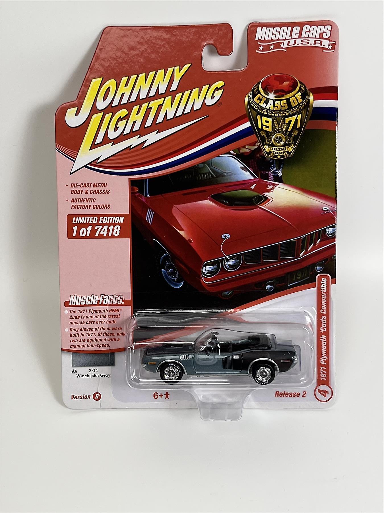 1971 Plymouth Cuda Convertible Winchester Grey 1:64 Johnny Lightning JLMC026B