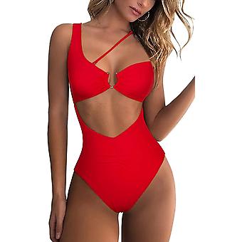 Veeki Womens One Shoulder Cutout Ruched Back High Cut Monokini One Piece Swimsuit, Red, L
