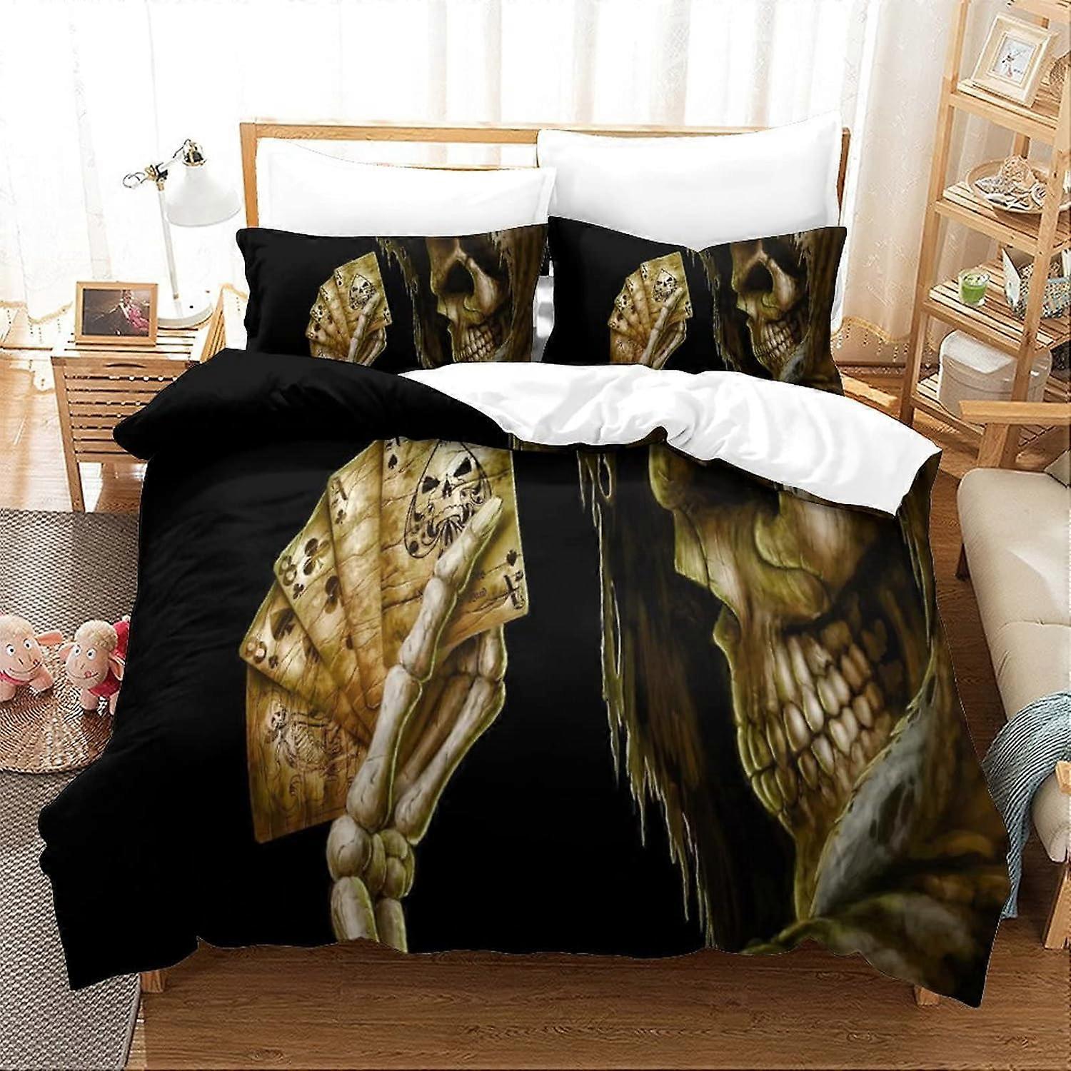 Skeleton Duvet Cover Gothic D Print Microfiber with Zipper, with Pillowcases Hypoallergenic Bedding Set Double Pieces