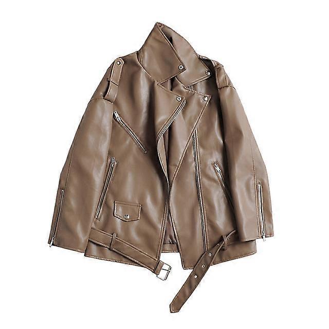 אביב סתיו מעילי עור Faux נשים מעיל קז'ואל משוחרר נקבה אופנועים טיפת כתף קטר הלבשה תחתונה עם חגורה
