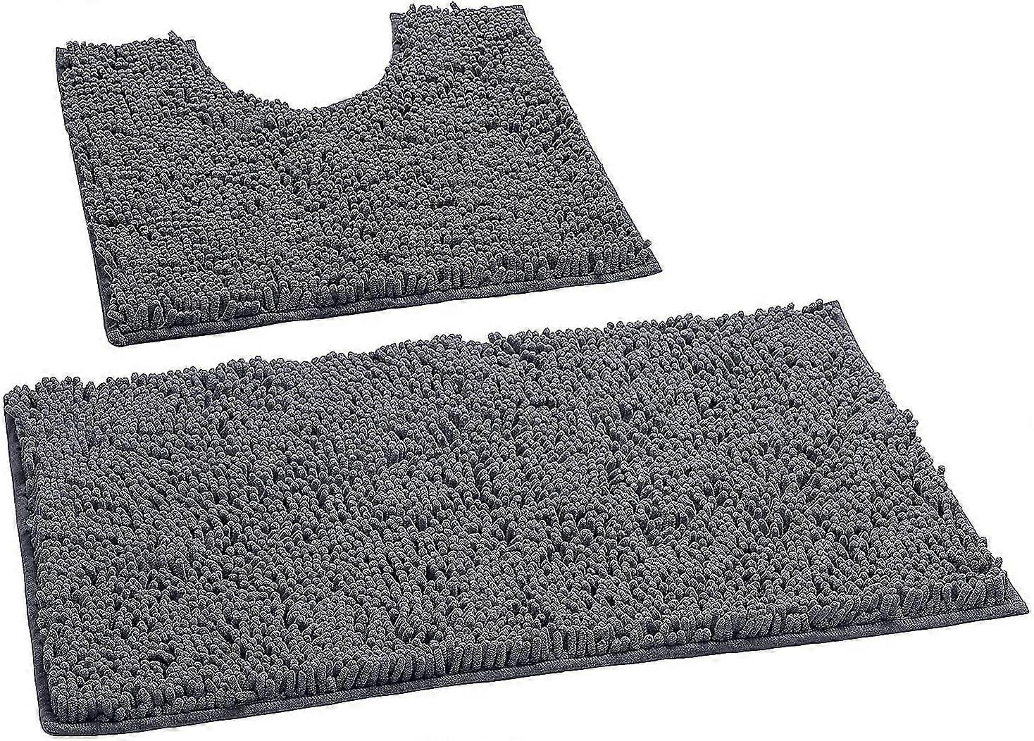 2-teiliges Badematten-Set, extra weiche Plüschbaddusche Badezimmerteppich + U-förmige Toilettenmatte (gebogenes Set, dunkelgrau)