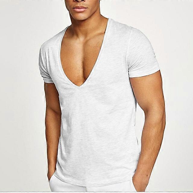 JWL-V-Neck Men T Shirt Low Cut Vneck Wide Vee Tee Male Tshirt Shortt Sleeve  Causal Gym Solid Tops Invisible Undershirt