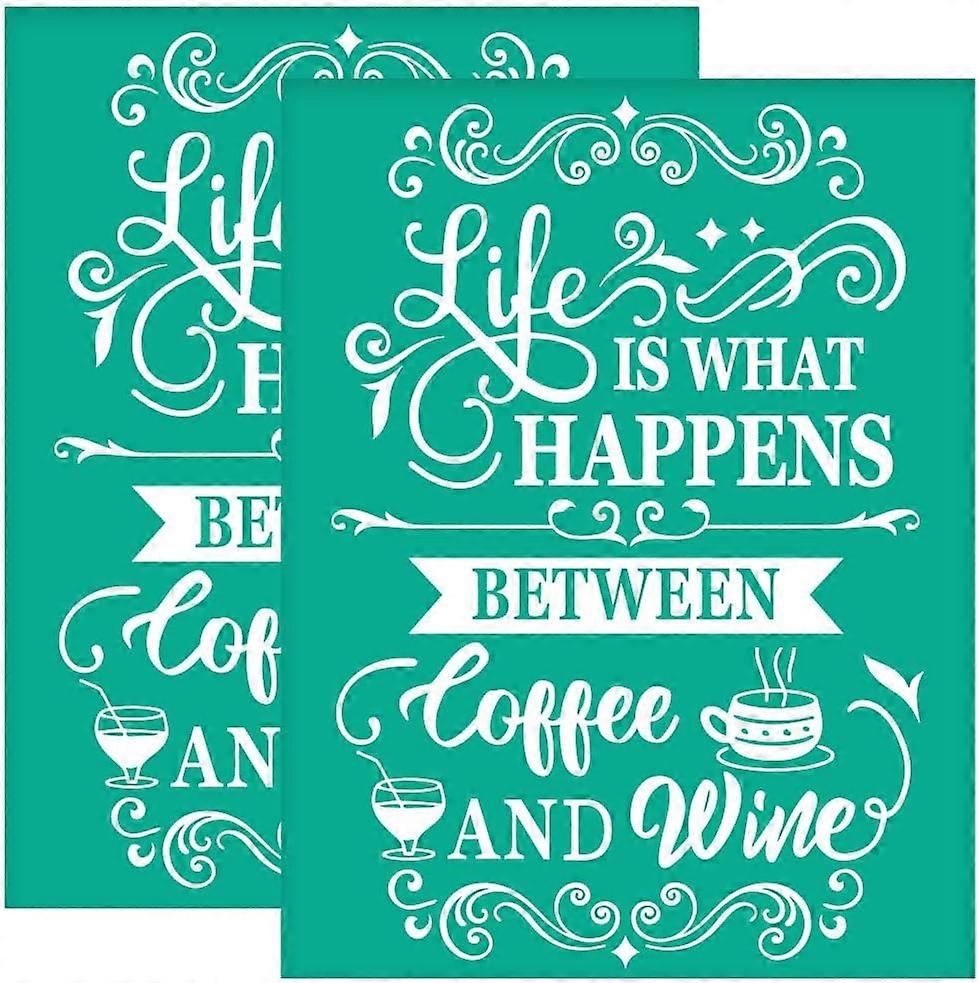 2Pcs 8.6x11 Inch Coffee Theme Self-Adhesive Silk Screen Printing Stencil Coffee Slogan Silk Screen Stencil Afternoon Tea Reusable Mesh Stencils Transf