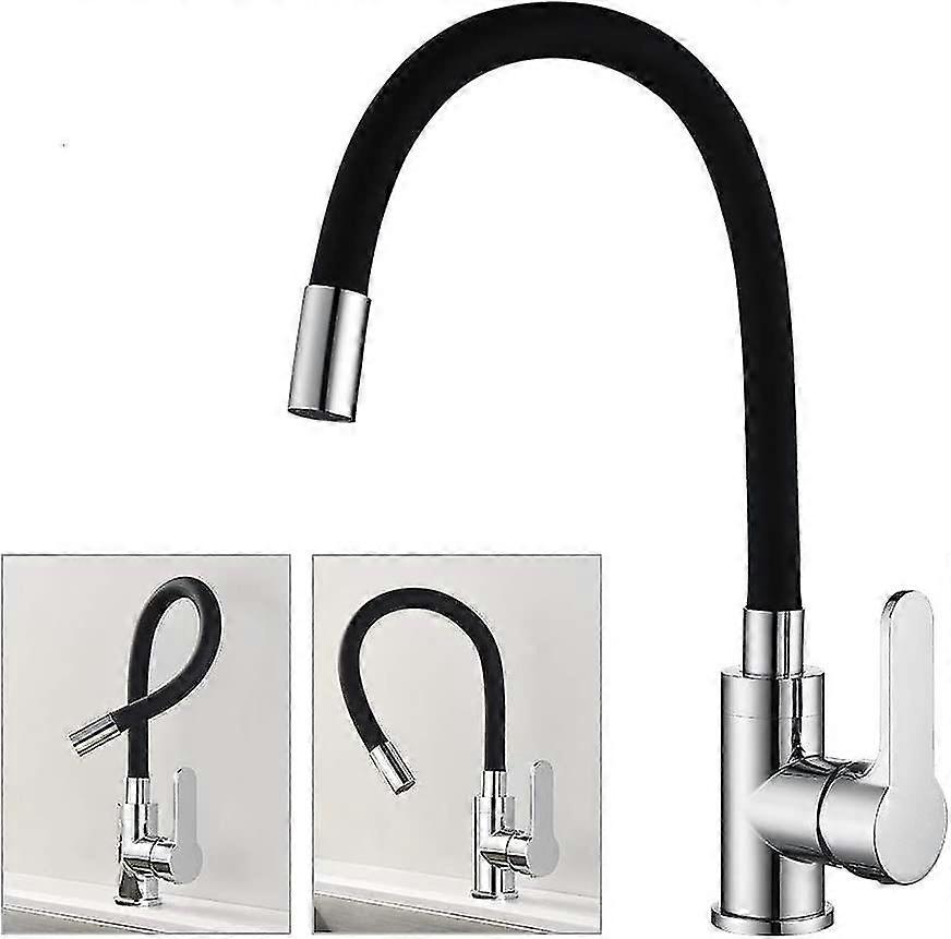 Robinet de cuisine flexible Robinet à bec élevé librement pivotant, en acier inoxydable et noir à trou unique Robinet d’évier d’eau chaude et froide