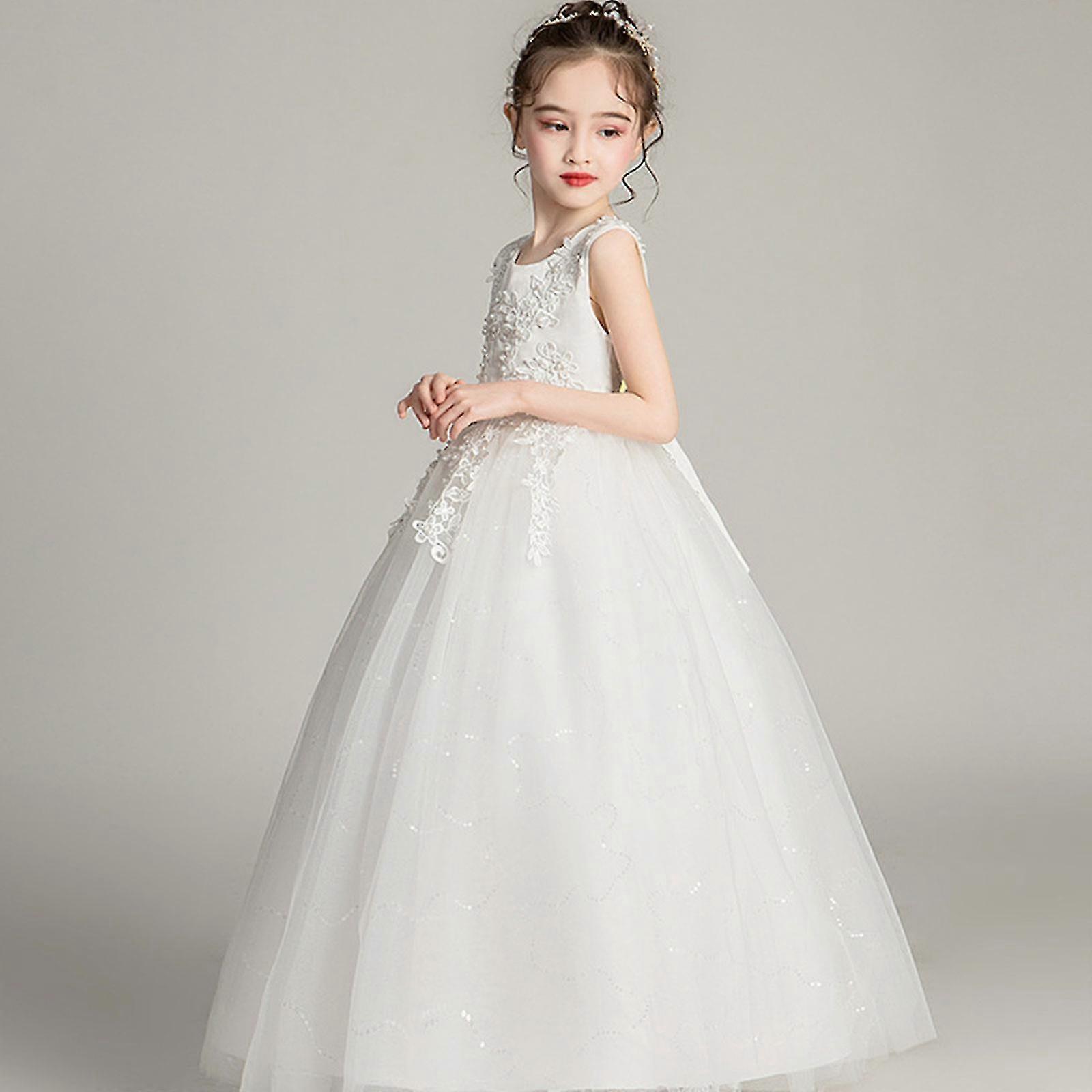 Flower Girl Dress For Wedding - Lace Pageant Ball Gown, Sleeveless With Ribbon Sash, White - View #14