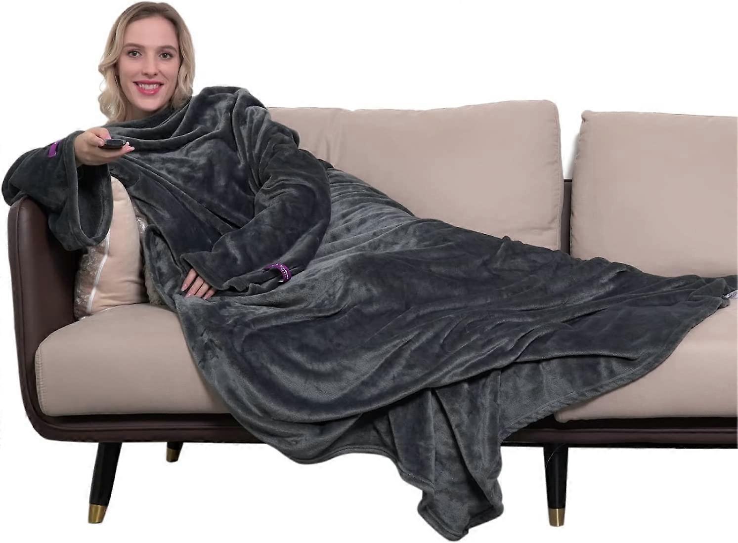 Winthome Wearable Blanket with Sleeves Soft and Warm for Sofa Lovers Two Sizes with Elastic Cuffs Hook and Loop Fastener (Grey 140x170cm)