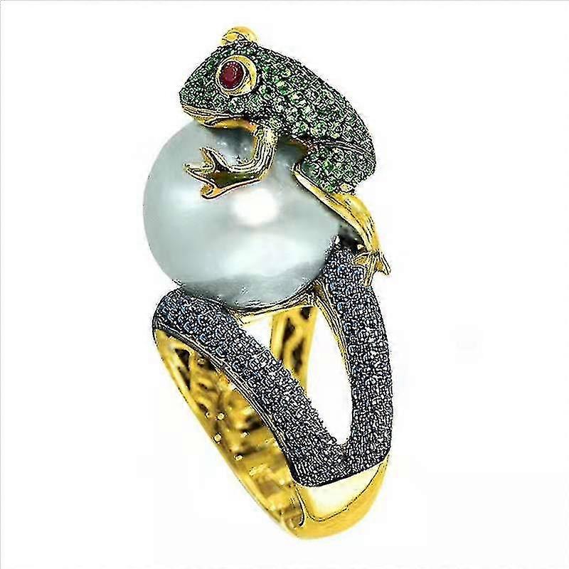 Frog Holding Beige Pearl Personality Ring - Punk Frog Holding Pearl Ring